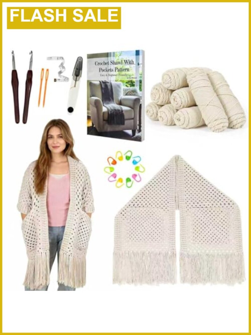 Crochet Kit for Beginners Pocket Shawl Complete Yarn Set